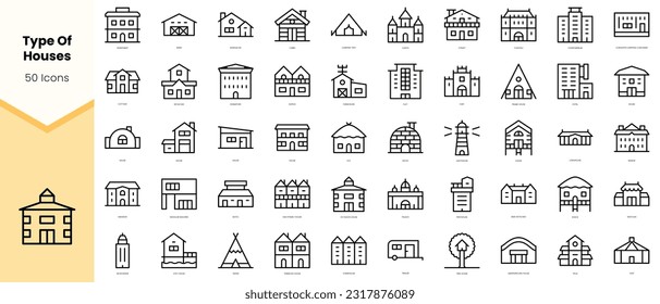 Conjunto de casas tipo Icons. Paquete de iconos de estilo de arte de línea simple. Ilustración del vector
