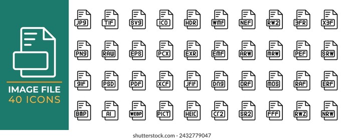 set type icon archivo de imagen, Formato de datos de extensión, Iconos de diseño de estilo de contorno, Gráfico de ilustración vectorial.