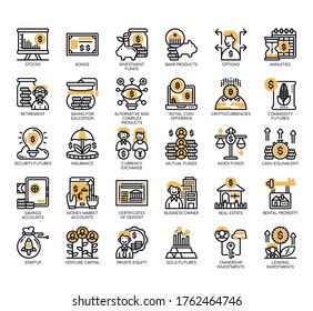 Set of type of investment thin line and pixel perfect icons for any web and app project. 