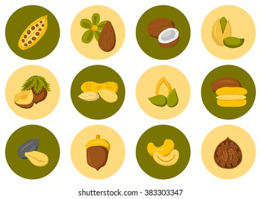 Set of type nuts and seeds cute cartoon icons. Healthy snack, diet food concept. Allergic products. Source of vegan protein. Raw organic food design for store or market