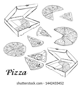 Set of type of pizza. Hand drawn ink sketch. Pepperoni, Margherita,  Mushroom.  Perfect for leaflets, cards, posters, prints, menu, booklets.