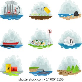 Set Of Types Of Air Pollution. Vector Illustration On A White Background.