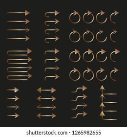 Set of types of arrows in gold color. Direction indicators. Vector illustration