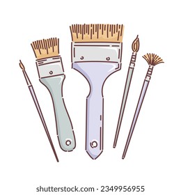 Set of types of artistic brushes. Round and flat, flute brush and fan. Vector illustration in doodle style. Painting supplies. For stickers, posters, postcards, design elements