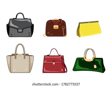 Set mit Taschen, Kupplungen und Handtaschen. Kollektion von modernem Modezubehör. Trendlederhandtasche einzeln auf weißem Hintergrund