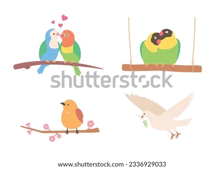 Set of types of birds. Affectionate bird couple, a bird sitting on a branch, a bird biting a leaf and flying away.