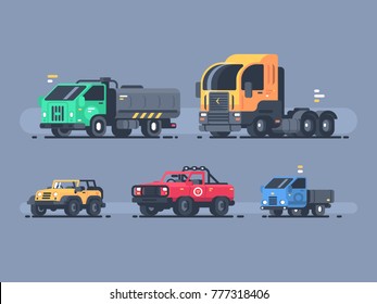 Set of types cars. SUV and cargo trailer, tanker and lorry. Vector illustration