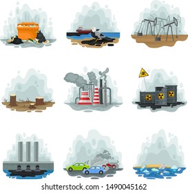 Set of types of different ways of air pollution. Vector illustration on a white background.