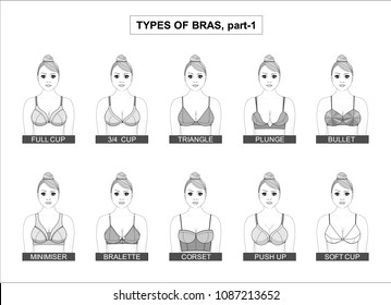 Set of types of female bras, such as full cup, triangle, plunge, bullet, minimizer, bralette, corset, push up, soft cup. Part one. Cute girl. 
