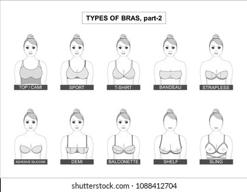 Set of types of female bras, such as  top, cami, sport, t shirt, bandeau, strapless, anhesive, silicone, demi, shelf. Part two. Cute girl. 
