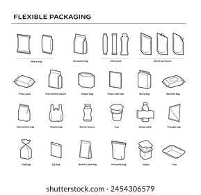 Satz von Arten von flexiblen Verpackungen. Infografik-Symbole Vektorillustration isoliert auf weißem Hintergrund, bereit und einfach für Ihr Design zu verwenden. EPS10.