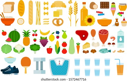 Set of Types of food icons flat vector illustration