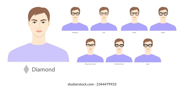 Set of types of glasses for Men diamond type faces fashion accessory illustration. Sunglass front view unisex silhouette style, flat rim spectacles eyeglasses, lens sketch style outline isolated