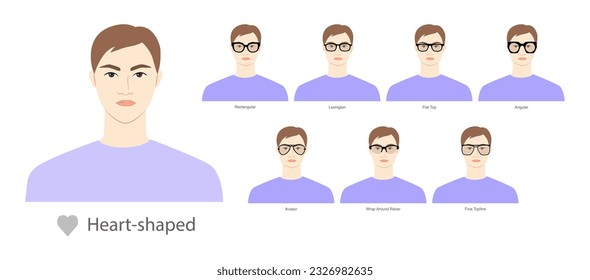 Set of types of glasses for Men heart type faces fashion accessory illustration. Sunglass front view unisex silhouette style, flat rim spectacles eyeglasses, lens sketch style outline isolated