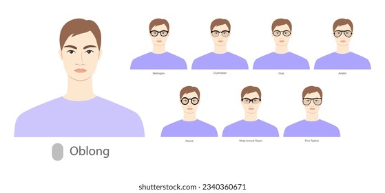 Conjunto de tipos de gafas para el tipo oblongo Men se enfrenta a la ilustración de accesorios de moda. Estilo de silueta de vidrio solar unisex, anteojos de gafas de llantas, contorno de estilo de esbozo de lente aislado en blanco