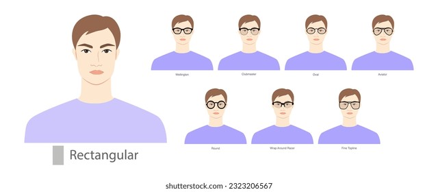 Set of types of glasses for Men rectangular type faces fashion accessory illustration. Sunglass front view unisex silhouette style, flat rim eyeglasses, lens sketch style outline isolated on white
