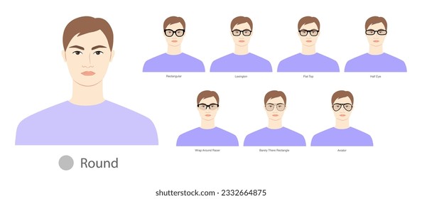 Set of types of glasses for Men round type faces fashion accessory illustration. Sunglass front view unisex silhouette style, flat spectacles eyeglasses, lens sketch style outline isolated on white