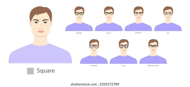 Set of types of glasses for Men square type faces fashion accessory illustration. Sunglass unisex silhouette style, flat rim spectacles eyeglasses, lens sketch style outline isolated on white