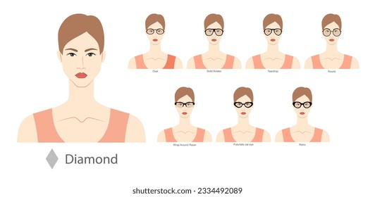 Set of types of glasses for Women diamond type faces fashion accessory illustration. Sunglass unisex silhouette style, flat rim spectacles eyeglasses, lens sketch style outline isolated on white