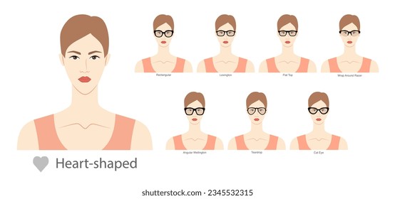 Set of types of glasses for Women heart type faces fashion accessory illustration. Sunglass front view unisex silhouette style, flat rim spectacles eyeglasses, lens sketch style outline isolated