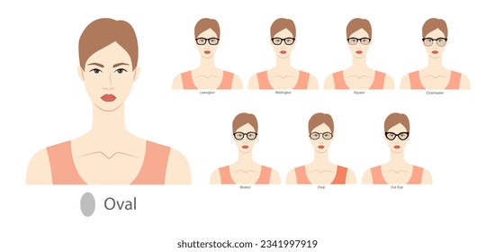 Set of types of glasses for Women oval type faces fashion accessory illustration. Sunglass front view unisex silhouette style, flat rim spectacles eyeglasses, lens sketch style outline isolated