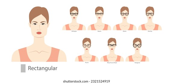 Set of types of glasses for Women rectangular type faces fashion accessory illustration. Sunglass front view unisex silhouette style, flat rim spectacles eyeglasses, lens sketch style outline isolated