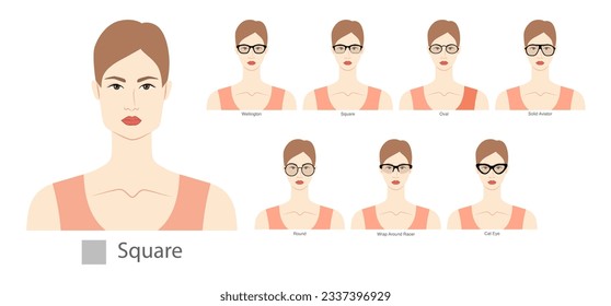 Set of types of glasses for Women square type faces fashion accessory illustration. Sunglass front view unisex silhouette style, flat rim spectacles eyeglasses, lens sketch style outline isolated