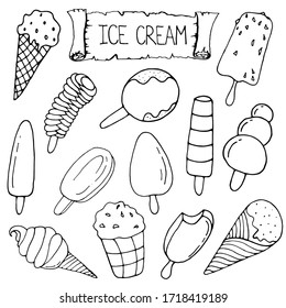 Set of types of ice cream. Vector isolated illustration with ice cream, fruit, waffle ice cream on a white background. Printing on dishes, fabrics, and clothing. Doodle style. 