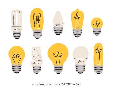 Set of types of lamps - incandescent, fluorescent, halogen, LED. types of light bulbs. Lighting equipment. Electricity. Different variants. Color icon cartoon set in Flat style.