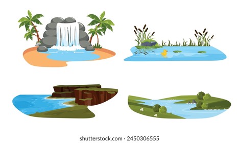 Set of types of river landscapes in a cartoon style. Vector illustration of different types of rivers: waterfall with palm trees, pond with reeds, reeds and duck, sea, river with bushes, green grass.