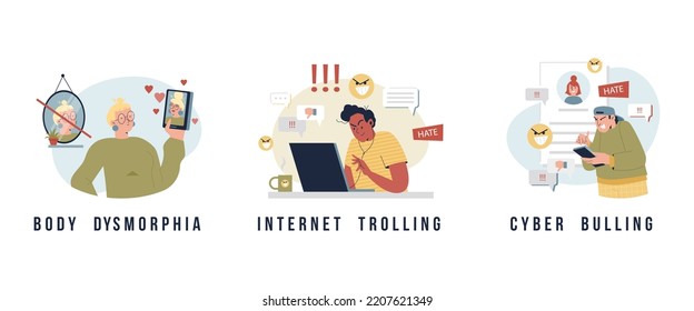 Set of types of social media behavior flat style, vector illustration isolated on white background. Body dysmorphia, internet trolling and cyber bulling, people characters