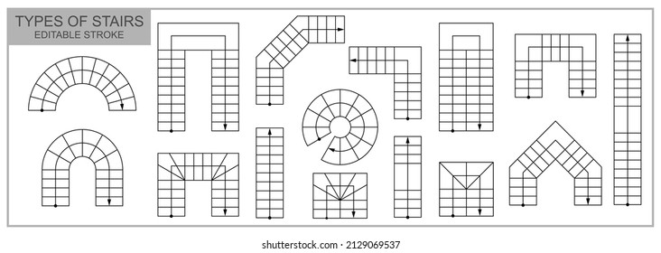 Set of types of stairs top view. Stairway symbols and icons in plan or map for blueprint or project. Architectural schematic set of isolated objects. Vector icons on white background