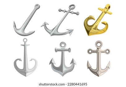 Set of types of steel antique Anchor icons. Ship anchors various collection. Golden and silver Anchors logo in different shapes isolated on white background. Web images for button. Vector illustration svg