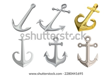 Set of types of steel antique Anchor icons. Ship anchors various collection. Golden and silver Anchors logo in different shapes isolated on white background. Web images for button. Vector illustration