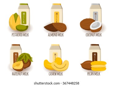 Set of Types of vegetable milk from nuts and seeds in cute cartoon style