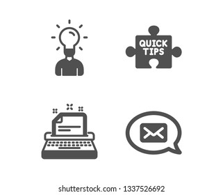 Set of Typewriter, Education and Quick tips icons. Messenger sign. Instruction, Human idea, Tutorials. New message.  Classic design typewriter icon. Flat design. Vector