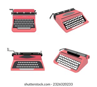 Set Of Typewriter Hand Drawing Vector Illustration Big Collection. Typewriter Icon With Buttons Alphabet Design. Hi-Quality Premium Colorful Vintage Retro Old Typewriter Collection. White Background.