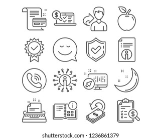 Set of Typewriter, Instruction info and Technical info icons. Smile, Cashback and Accounting report signs. Online accounting, Certificate and Payment card symbols. Instruction, Project, Documentation