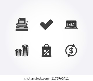 Set of Typewriter, Web analytics and Currency icons. Tick, Shopping bag and Usd exchange signs. Writer machine, Statistics, Euro and usd. Confirm check, Supermarket discounts, Currency rate. Vector