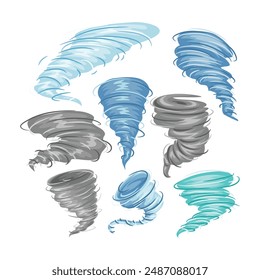 Set of Typhoon, Cyclone, Hurricane and Storm Vector Illustrations, tornado natural disaster concept, tropical storms, typhoons, helix rotary vertigo curvy twister moving spray bend eddy surface.