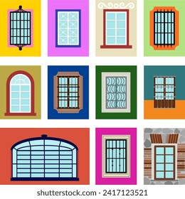 Set of typical colorful Mexican windows.