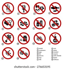 set of typical food allergens prohibitions for restaurants and meal eps10