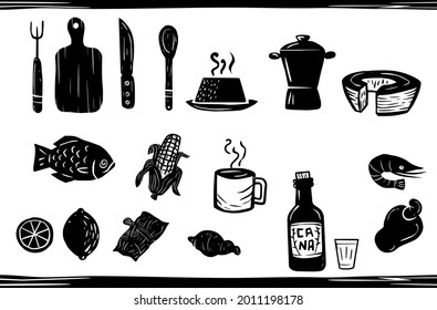 Set of typical food icons from the northeast of Brazil. St. John's Party Foods in the Woodcut Style and Cordel Literature.