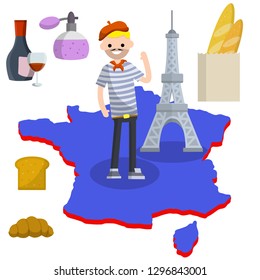 Set of typical France. Man in blue striped shirt, red beret, Eiffel tower, perfume, baguette bread, croissant, bottle and glass of red wine. European tourism. National symbol. Flat illustration