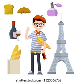 Set of typical France. Man in blue striped shirt, red beret, Eiffel tower, perfume, baguette bread, croissant, bottle and glass of red wine. European tourism. National symbol. Flat illustration