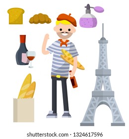 Set of typical France. Man in blue striped shirt, red beret, Eiffel tower, perfume, baguette bread, croissant, bottle and glass of red wine. European tourism. National symbol. Flat illustration