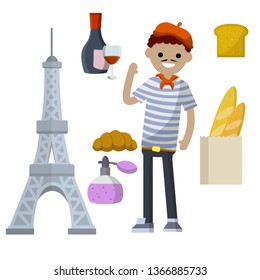 Set of typical France. Man in blue striped shirt, red beret, Eiffel tower, perfume, baguette bread, croissant, bottle and glass of red wine. European tourism. National symbol. Flat illustration