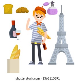 Set of typical France. Man in blue striped shirt, red beret, Eiffel tower, perfume, baguette bread, croissant, bottle and glass of red wine. European tourism. National symbol. Flat illustration