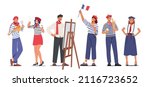 Set of Typical French People Mime, Painter, Woman in Beret with Flag, Man Holding Baguettes and Wineglass. Group of Cartoon Characters Wearing France Traditional Clothes. Cartoon Vector Illustration