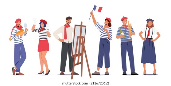 Set of Typical French People Mime, Painter, Woman in Beret with Flag, Man Holding Baguettes and Wineglass. Group of Cartoon Characters Wearing France Traditional Clothes. Cartoon Vector Illustration
